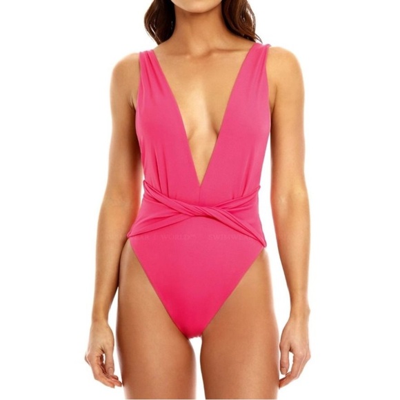 Agua Bendita Ellis Luau One Piece Swimsuit XL Pink Plunge Open Back Twist NWT - Picture 1 of 8
